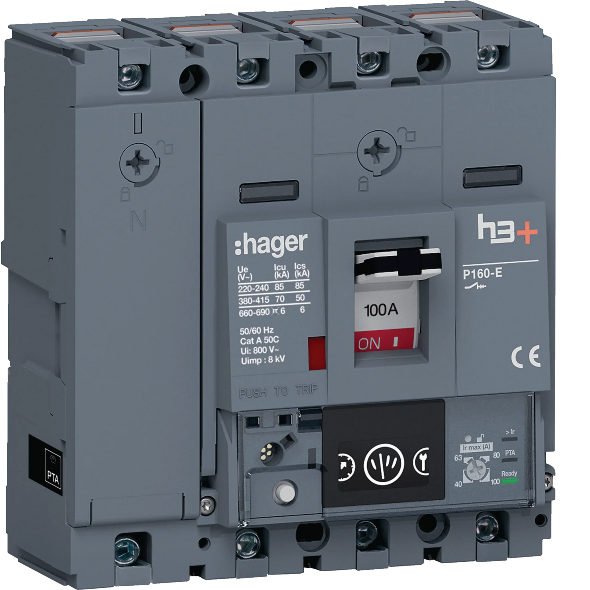 Leistungsschalter h3+ P160 Energy 4P4D N0-50-100% 100A 70kA CTC | Hager