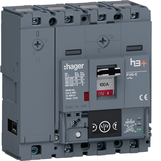 Leistungsschalter h3+ P160 Energy 4P4D N0-50-100% 100A 70kA CTC | Hager