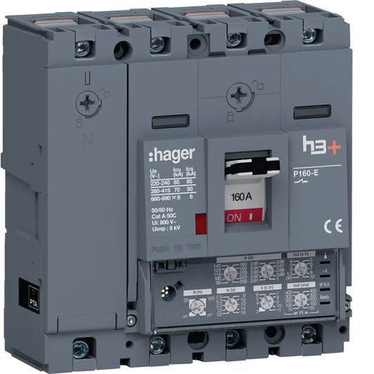 Leistungsschalter h3+ P160 LSI 4P4D N0-50-100% 160A 70kA CTC | Hager