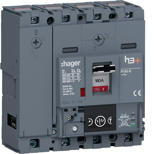 Leistungsschalter h3+ P160 Energy 4P4D N0-50-100% 160A 70kA CTC | Hager