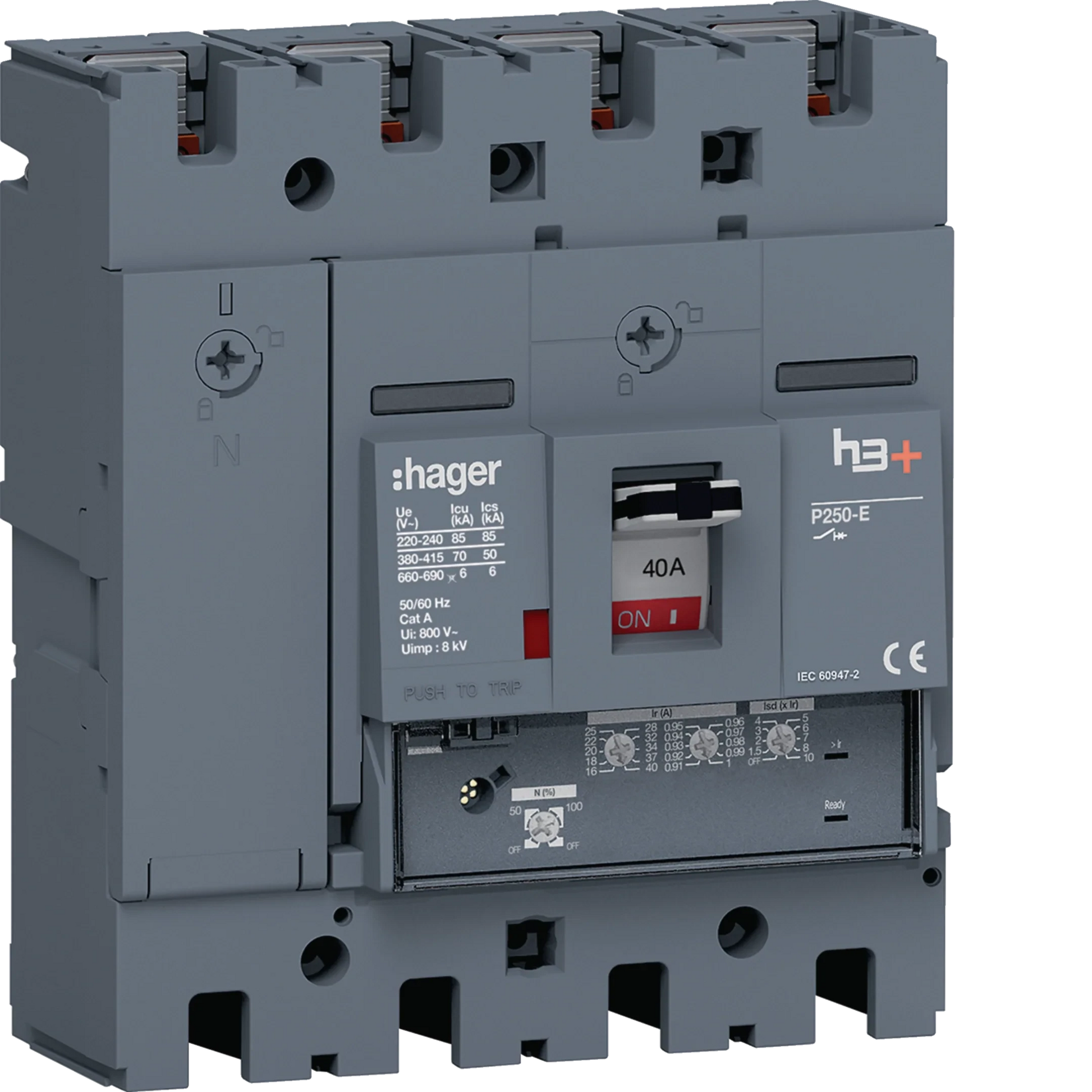 Leistungsschalter h3+ P250 LSnI 4P4D N0-50-100% 40A 70kA FTC | Hager