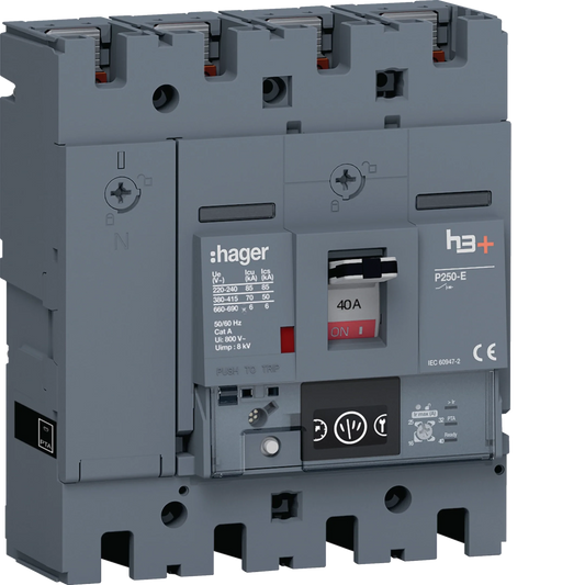 Leistungsschalter h3+ P250 Energy 4P4D N0-50-100% 40A 70kA FTC | Hager