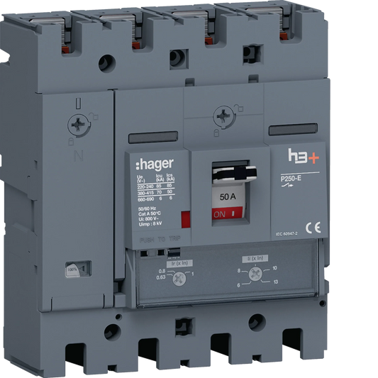 Leistungsschalter h3+ P250 TM ADJ 4P4D N0-100% 50A 70kA FTC | Hager