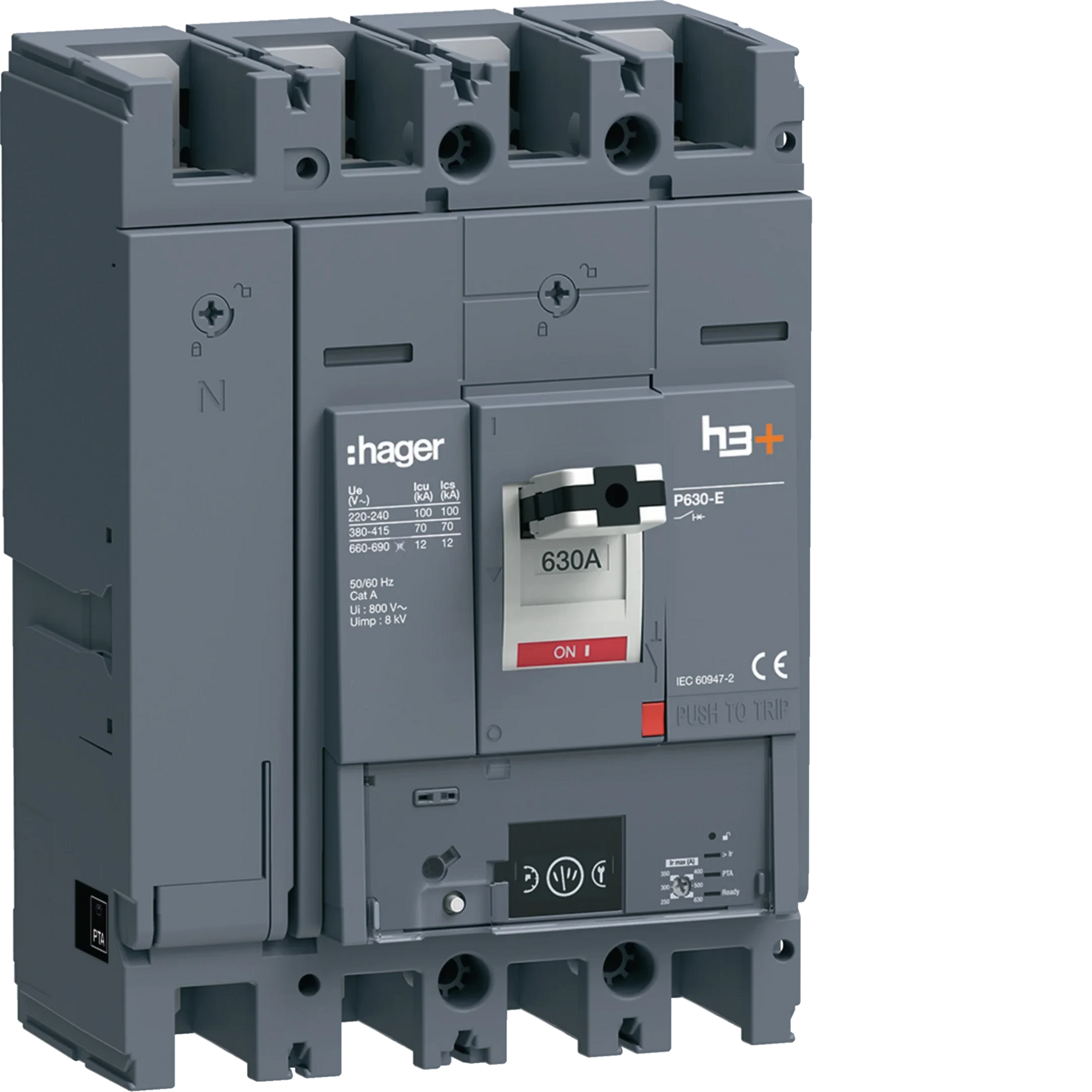 Leistungsschalter h3+ P630 Energy 4P4D N0-50-100% 630A 70kA FTC | Hager