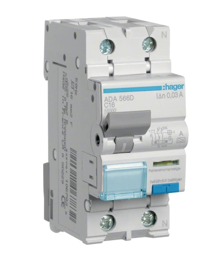 Hager FI/LS-Schalter ADA566D 1polig+N 10kA C16A 0, Hager - ismailkar.de