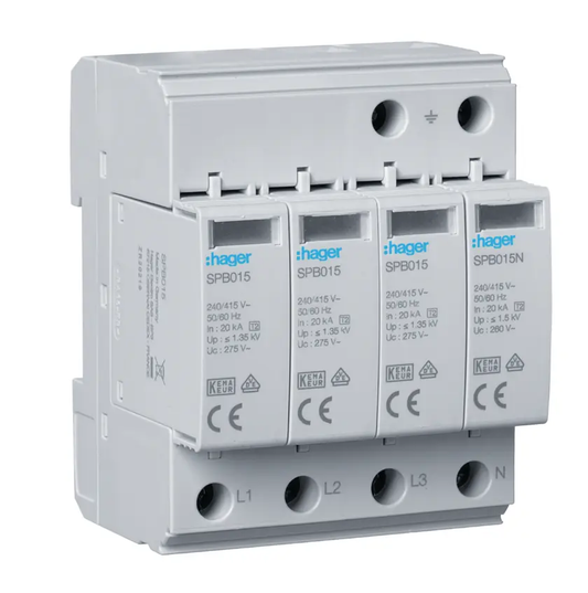 Hager SPB413 Überspannungsableiter Typ 2, 4-polig, 40 kA mit Defektanzeige - Ismailkar