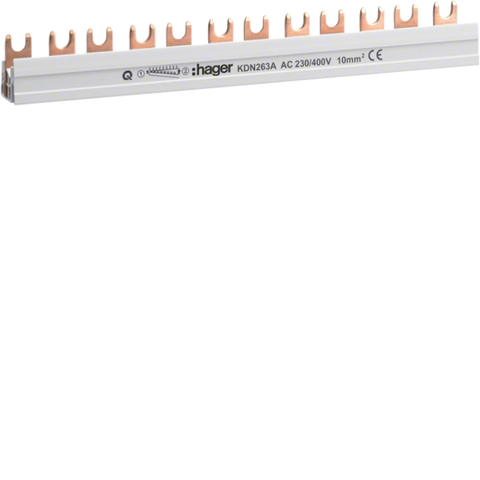 Phasenschiene 2 polig mit Gabelanschluss 10mm² 63A 12 Module | Hager