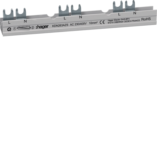 Phasenschiene 2P Gabelanschluss 10 mm² für ARFxxxD mit Hilfsschalter 10 Module | Hager