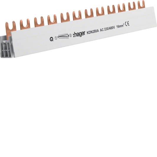 Phasenschiene 2 polig mit Gabelanschluss 16mm² 80A 12 Module | Hager