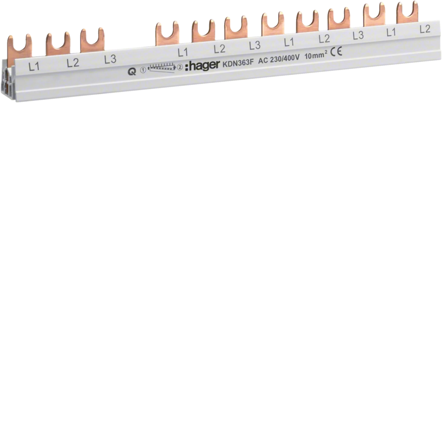 Phasenschiene 3 polig mit Gabelanschluss 10mm² 63A 12 Module | Hager