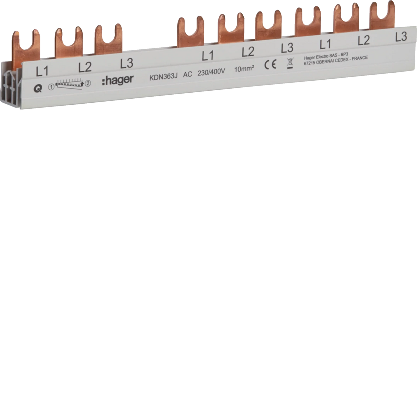 Phasenschiene 3 polig mit Gabelanschluss 10mm² 63A 10 Module | Hager