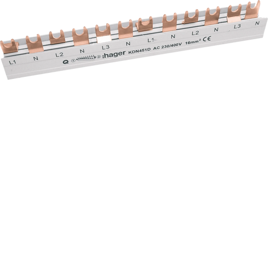 Phasenschiene 3 polig+N mit Gabelanschluss 16mm² 80A 12 Module | Hager