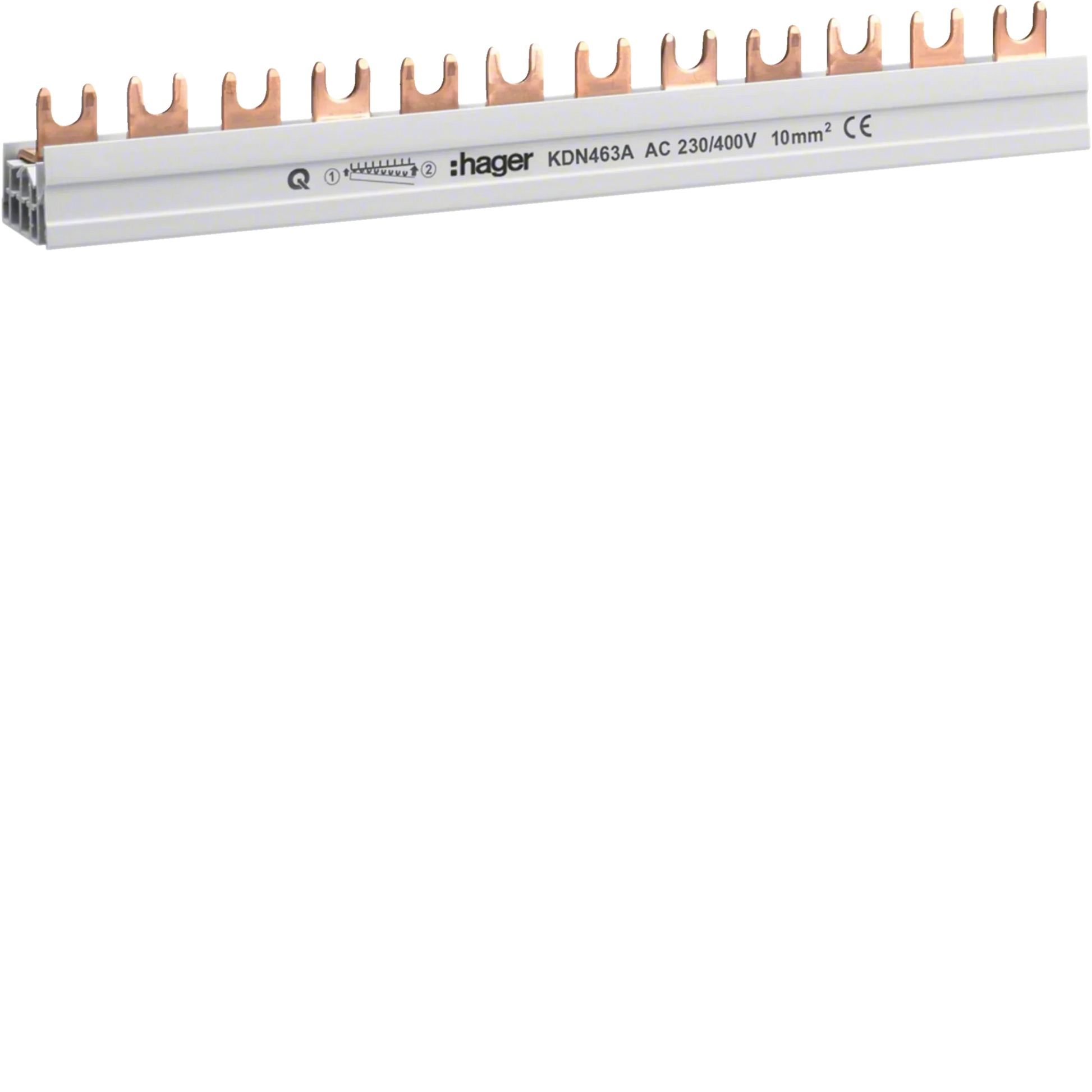 Phasenschiene 4 polig mit Gabelanschluss 10mm² 63A 12 Module | Hager