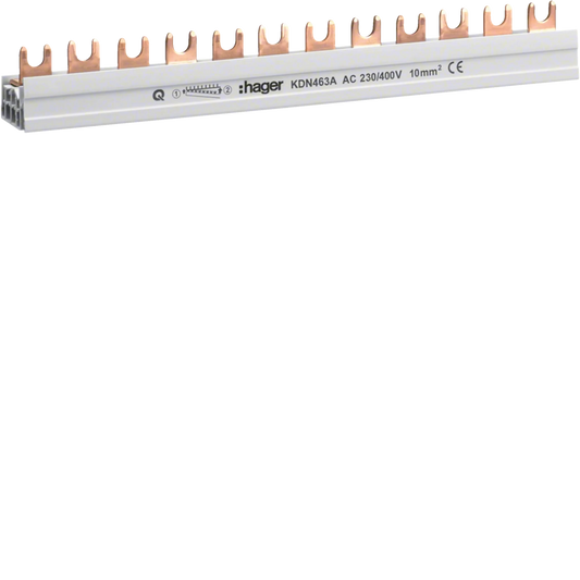 Phasenschiene 4 polig mit Gabelanschluss 10mm² 63A 12 Module | Hager