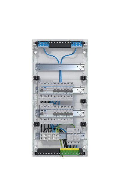 Kleinv.,volta,APV,4x12PLE,IP30,bestückt u. verdrahtet,2 FI-Kreise,Übersp.ableit | Hager