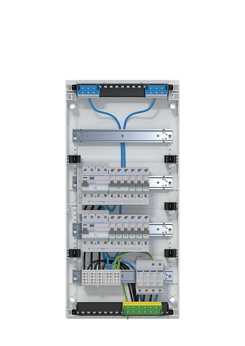 Kleinv.,volta,APV,4x12PLE,IP30,bestückt u. verdrahtet,2 FI-Kreise,Übersp.ableit | Hager