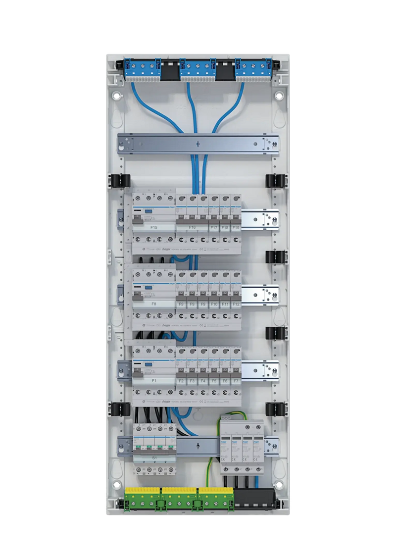 Kleinv.,volta,APV,5x12PLE,IP30,best.u.verdrah.,3 FI-Kreise,Übersp.abl.,Hauptsch. | Hager