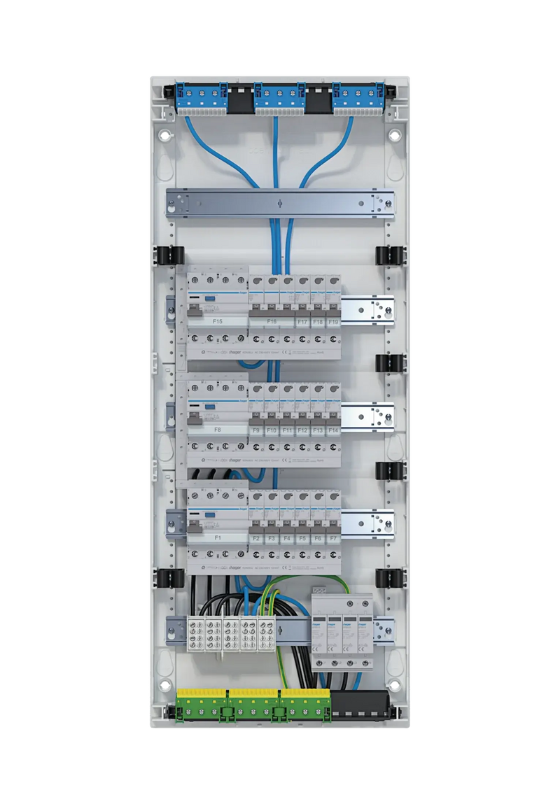 Kleinv.,volta,APV,5x12PLE,IP30,bestückt u. verdrahtet,3 FI-Kreise,Übersp.ableit | Hager