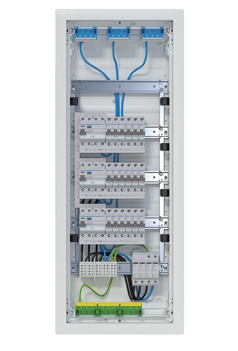 Kleinv.,volta,HWV,5x12PLE,IP30,bestückt u. verdrahtet,3 FI-Kreise,Übersp.ableit | Hager