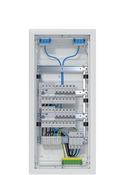 Kleinv.,volta,UPV,4x12PLE,IP30,bestückt u. verdrahtet,2 FI-Kreise,Übersp.ableit | Hager