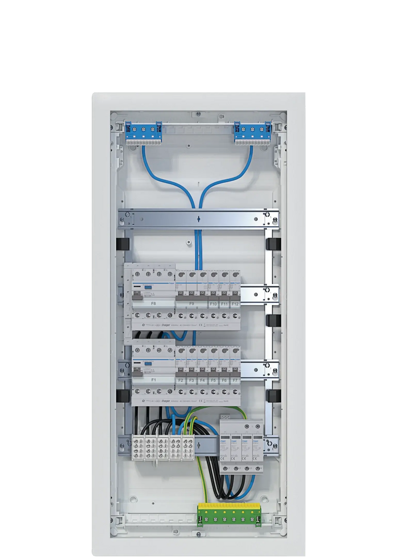 Kleinv.,volta,UPV,4x12PLE,IP30,bestückt u. verdrahtet,2 FI-Kreise,Übersp.ableit | Hager