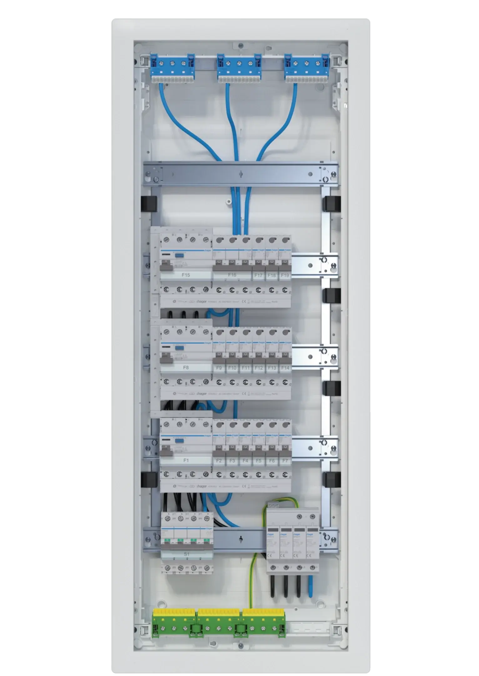 Kleinv.,volta,UPV,5x12PLE,IP30,best.u.verdrah.,3 FI-Kreise,Übersp.abl.,Hauptsch. | Hager