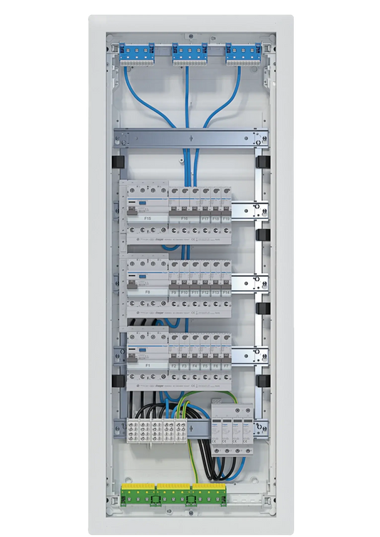 Kleinv.,volta,UPV,5x12PLE,IP30,bestückt u. verdrahtet,3 FI-Kreise,Übersp.ableit | Hager
