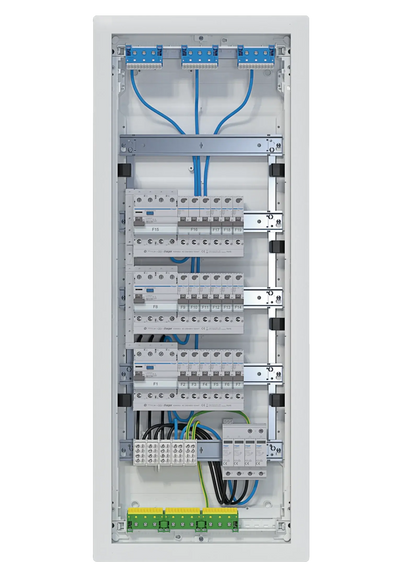Kleinv.,volta,UPV,5x12PLE,IP30,bestückt u. verdrahtet,3 FI-Kreise,Übersp.ableit | Hager