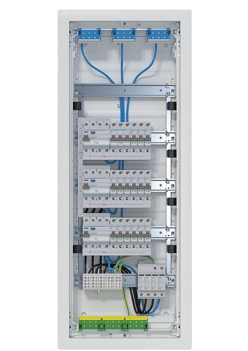 Kleinv.,volta,UPV,5x12PLE,IP30,bestückt u. verdrahtet,3 FI-Kreise,Übersp.ableit | Hager