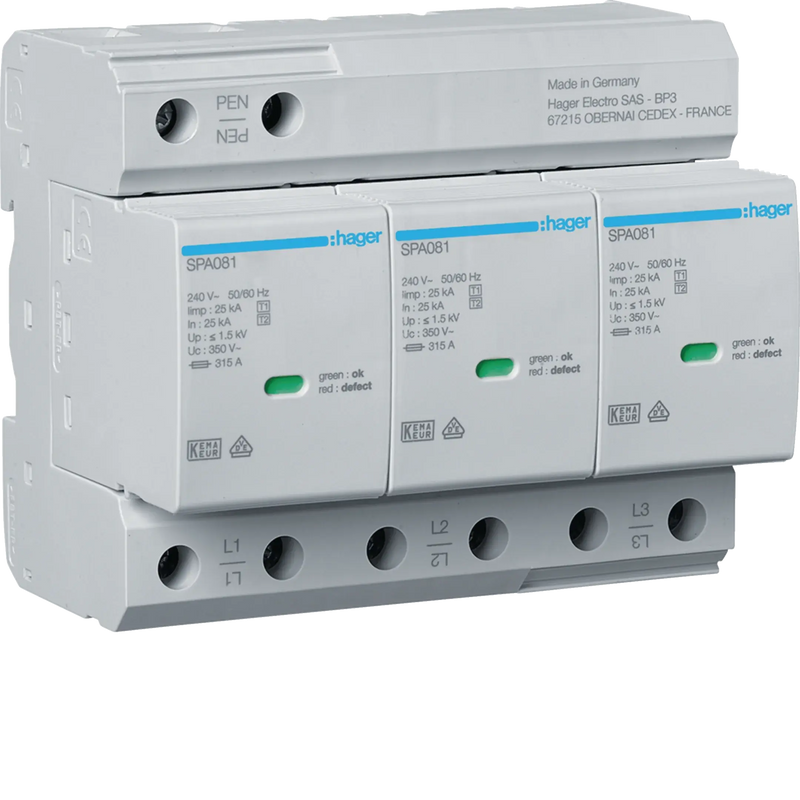 Kombiableiter T1+T2 3P  Uc 350V Iimp 25kA Up 1.5kV TNC Fernmeldekontakt | Hager