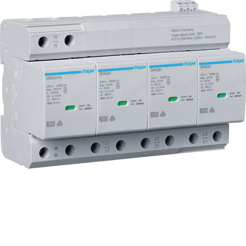 Kombiableiter T1+T2 4P Uc 350V Iimp 25kA Up 1.5kV TNS/TT  Fernmeldekontakt | Hager