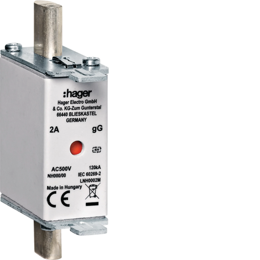 NH-Sicherungseinsatz NH000 2A gG AC500V Kombimelder Lasche  spannungsführend | Hager