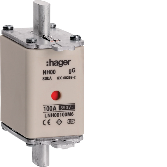 NH-Sicherungseinsatz NH00 gG AC690V 100A Kombi-Melder mit Metall-Grifflasche | Hager