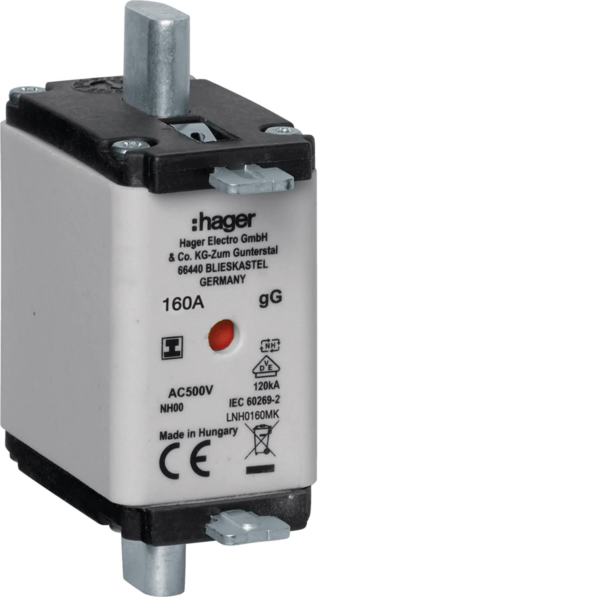 NH-Sicherungseinsatz NH00 gG 500V 160A Kombi-Melder mit isolierter Grifflasche | Hager