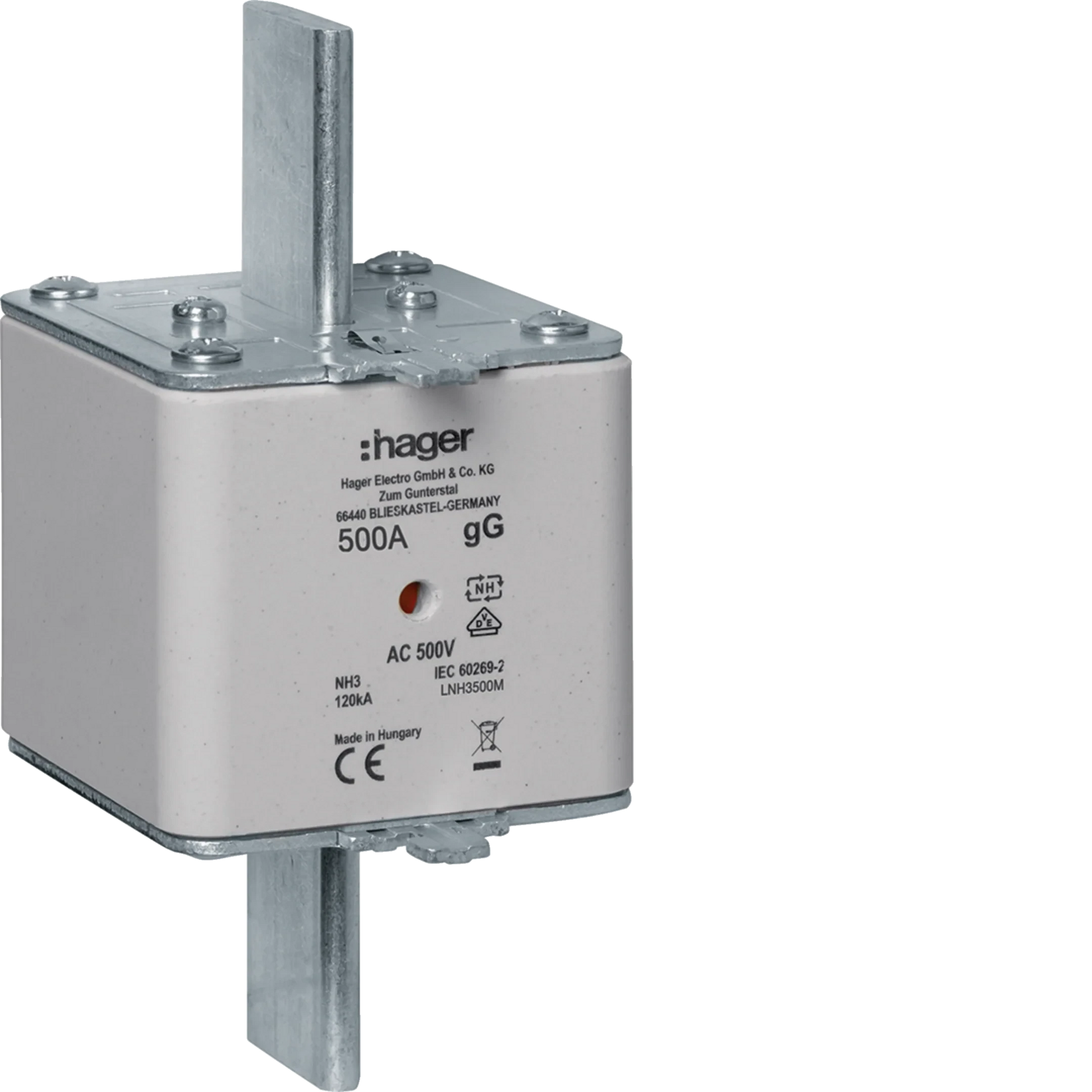 NH-Sicherungseinsatz NH3 gG AC500V 500A Kombi-Melder mit Metall-Grifflasche | Hager
