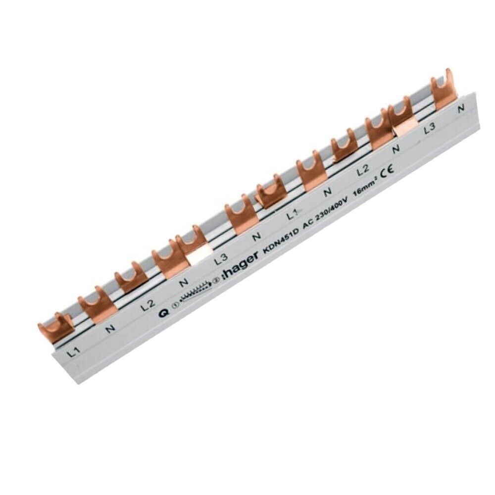 Phasenschiene 3 polig+N mit Gabelanschluss 16mm² 80A 12 Module Hager KDN451D FI/LS | Hager