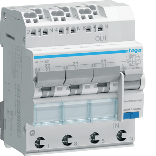 FI/LS Schalter Hager ADZ316D 3X 1P+N 6kA B-Charakt. 16A 30mA | Hager