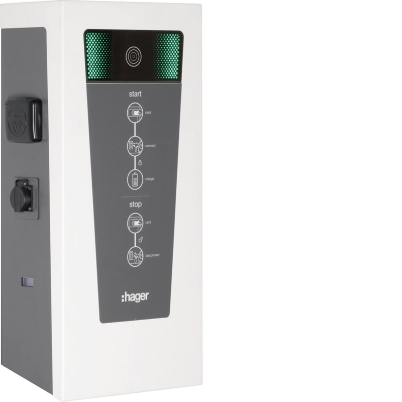 Ladestation witty park 2x22kW M3-Steckdose und 2x2,3kW Schuko-Steckdose, RFID | Hager