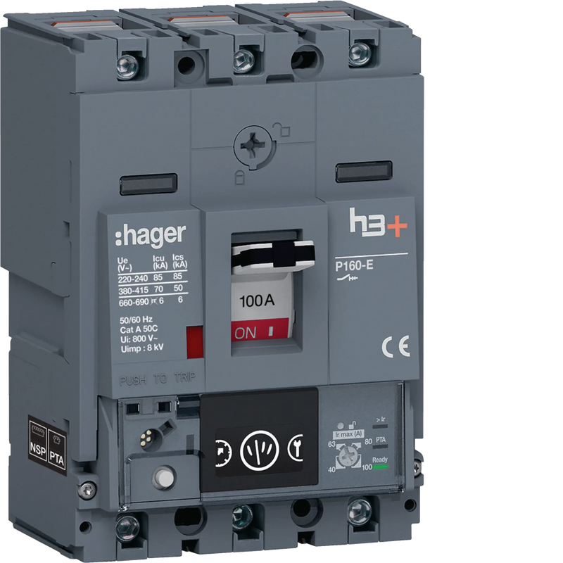 Leistungsschalter h3+ P160 Energy 3P3D 100A 70kA CTC | Hager