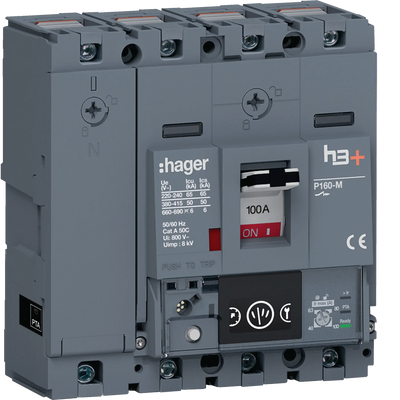 Leistungsschalter h3+ P160 Energy 4P4D N0-50-100% 100A 50kA CTC | Hager