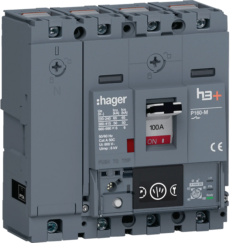 Leistungsschalter h3+ P160 Energy 4P4D N0-50-100% 100A 50kA CTC | Hager