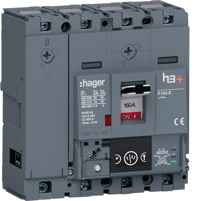 Leistungsschalter h3+ P160 Energy 4P4D N0-50-100% 160A 70kA CTC | Hager