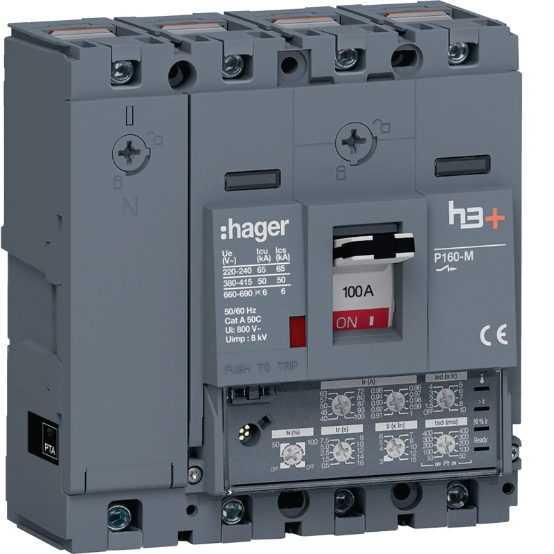 Leistungsschalter h3+ P160 LSI 4P4D N0-50-100% 100A 50kA CTC | Hager