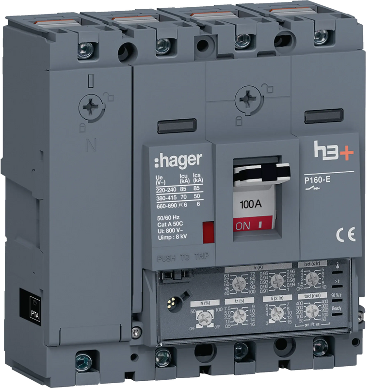 Leistungsschalter h3+ P160 LSI 4P4D N0-50-100% 100A 70kA CTC | Hager