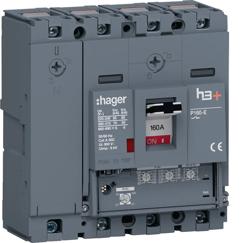 Leistungsschalter h3+ P160 LSnI 4P4D N0-50-100% 160A 70kA CTC | Hager