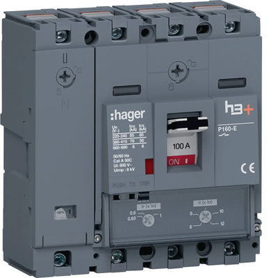 Leistungsschalter h3+ P160 TM ADJ 4P4D N0-100% 100A 70kA CTC | Hager