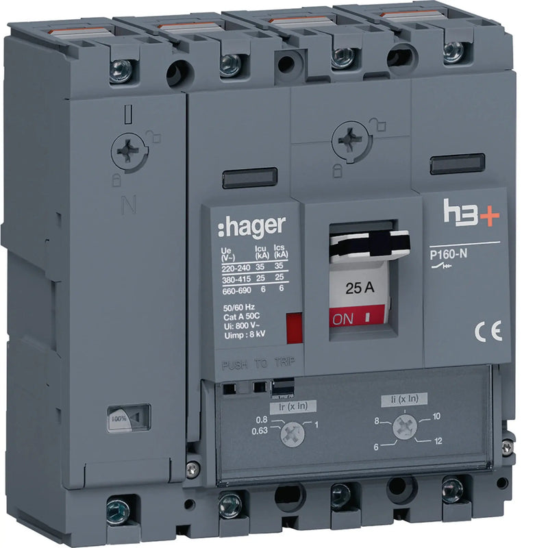 Leistungsschalter h3+ P160 TM ADJ 4P4D N0-100% 25A 25kA CTC | Hager