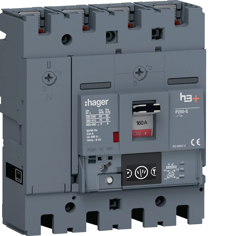 Leistungsschalter h3+ P250 Energy 4P4D N0-50-100% 160A 70kA FTC | Hager