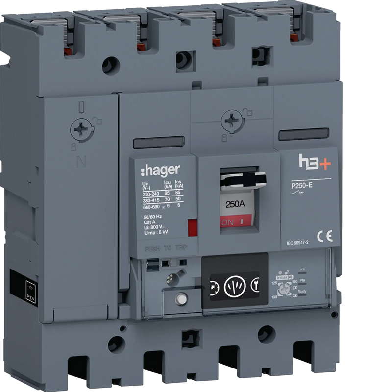 Leistungsschalter h3+ P250 Energy 4P4D N0-50-100% 250A 70kA FTC | Hager
