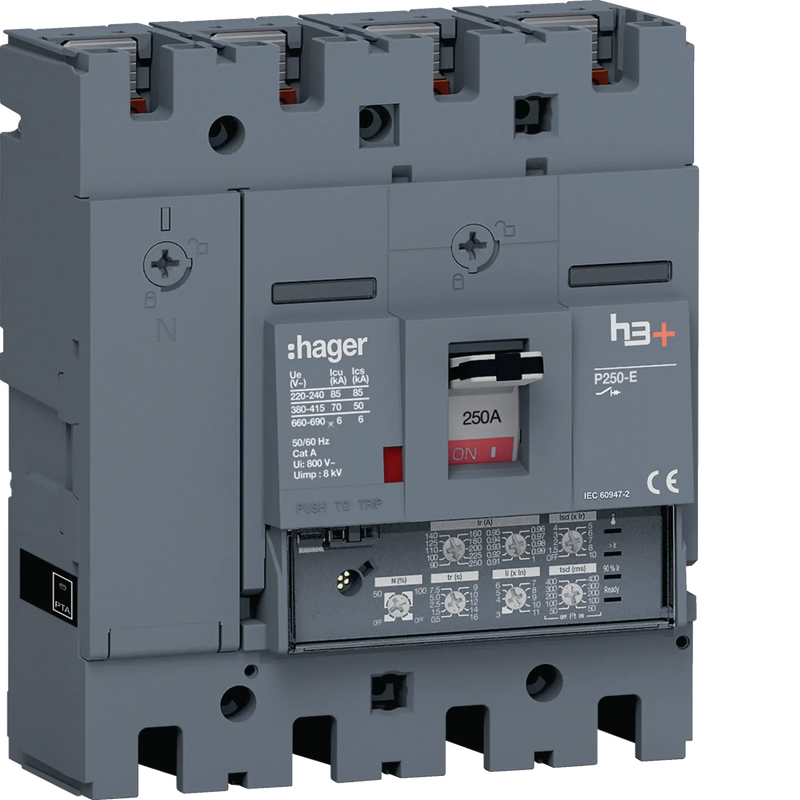 Leistungsschalter h3+ P250 LSI 4P4D N0-50-100% 250A 70kA FTC | Hager
